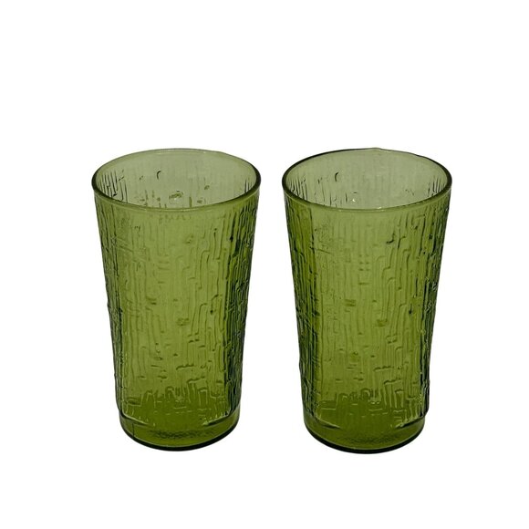 VTG Anchor Hocking Avocado Green Textured Glass Tumblers Set 2 Mid-Century 3"x5" - Picture 1 of 7